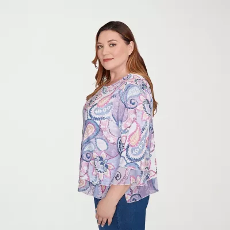 Alfred Dunner Hilton Head Womens Plus Crew Neck 3/4 Sleeve T-Shirt