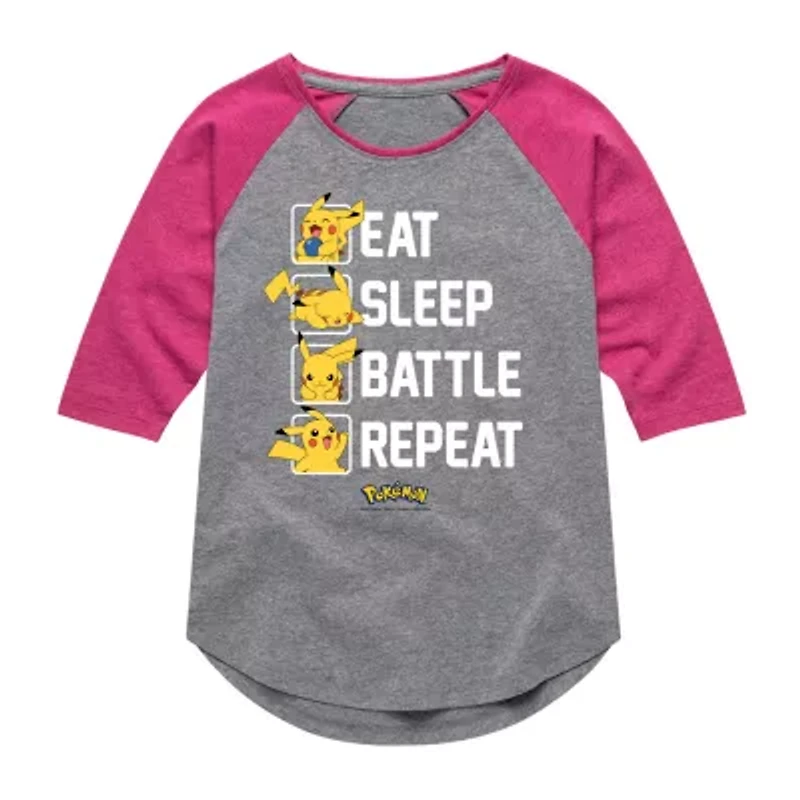 Little & Big Kid Girls Crew Neck Elbow Sleeve Regular Fit Pokeman Graphic T-Shirt