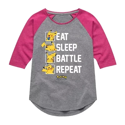 Little & Big Kid Girls Crew Neck Elbow Sleeve Regular Fit Pokeman Graphic T-Shirt