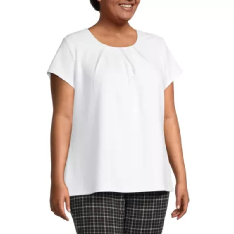 Liz Claiborne Texture Womens Plus Round Neck Short Sleeve Blouse