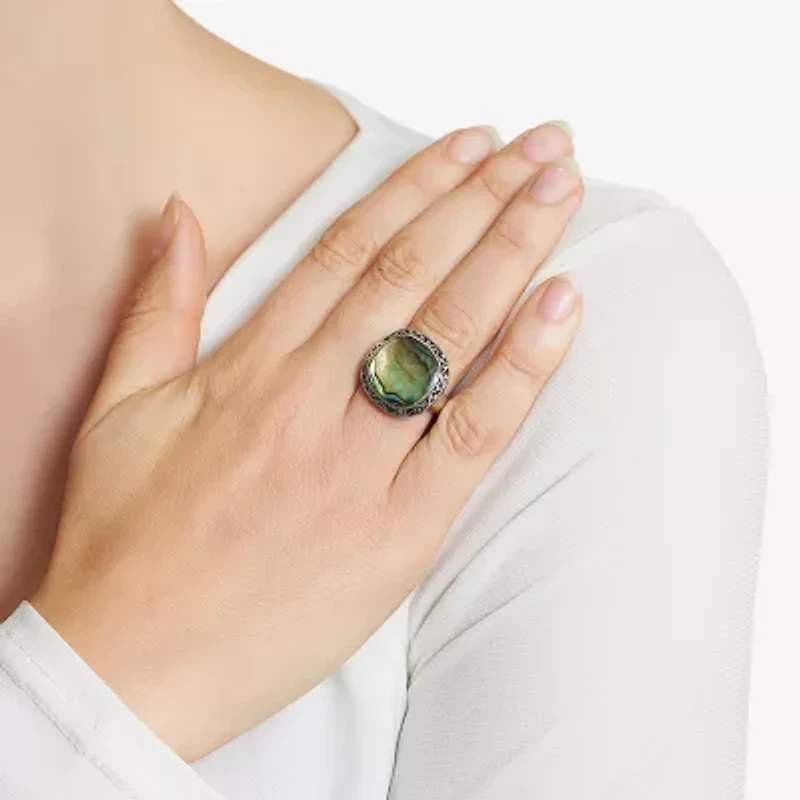Sparkle Allure Womens Green Abalone Pure Silver Over Brass Square Cocktail Ring