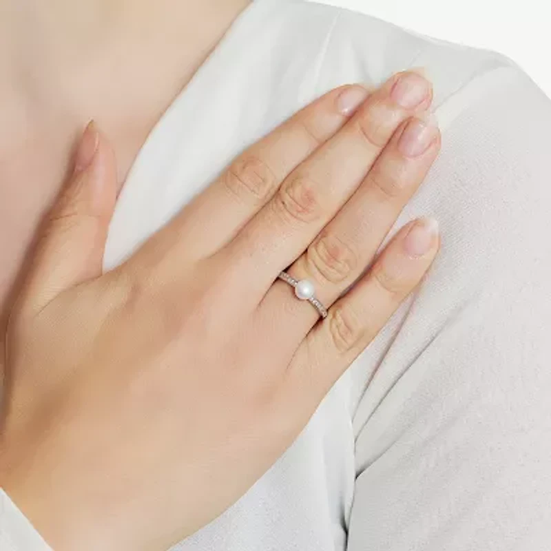 Silver Treasures Womens Cultured Freshwater Pearl Cubic Zirconia Sterling Silver Band