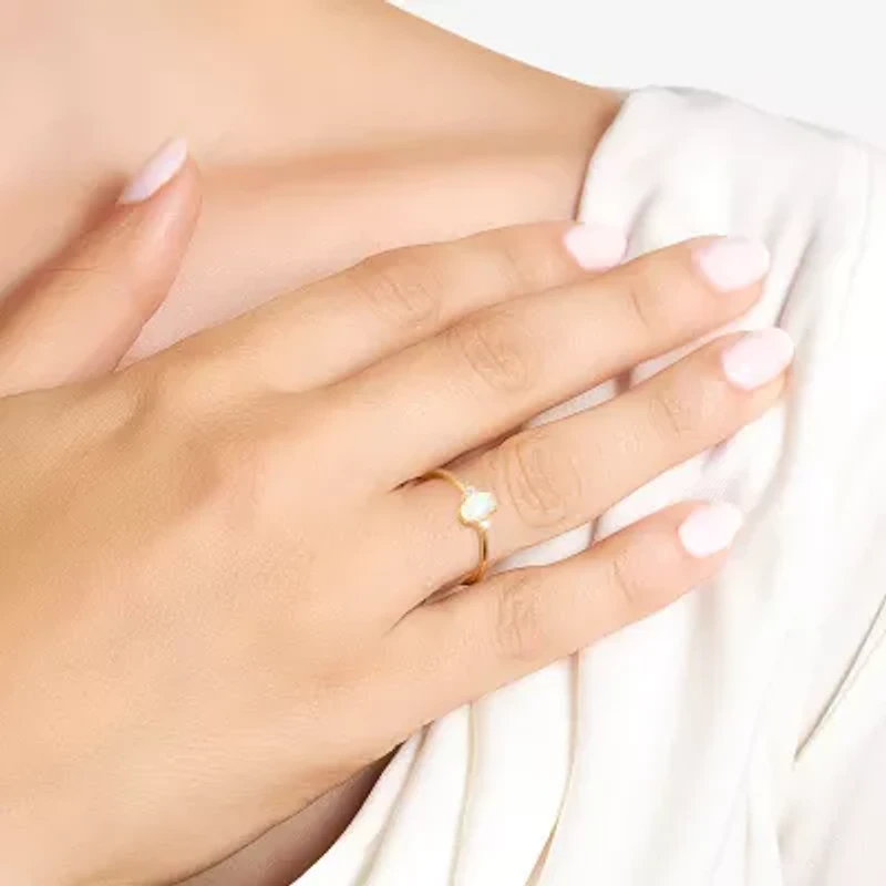 Silver Treasures Womens White Opal 14K Gold Over Oval Delicate Cocktail Ring