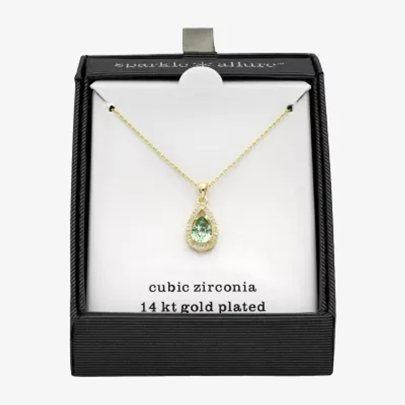 Sparkle Allure Halo Womens Green Cubic Zirconia 14K Gold Over Brass Pear 16 Inch Pendant Necklace