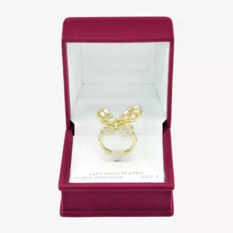 Sparkle Allure Womens Simulated Pearl Cubic Zirconia 14K Gold Over Brass Butterfly Cocktail Ring