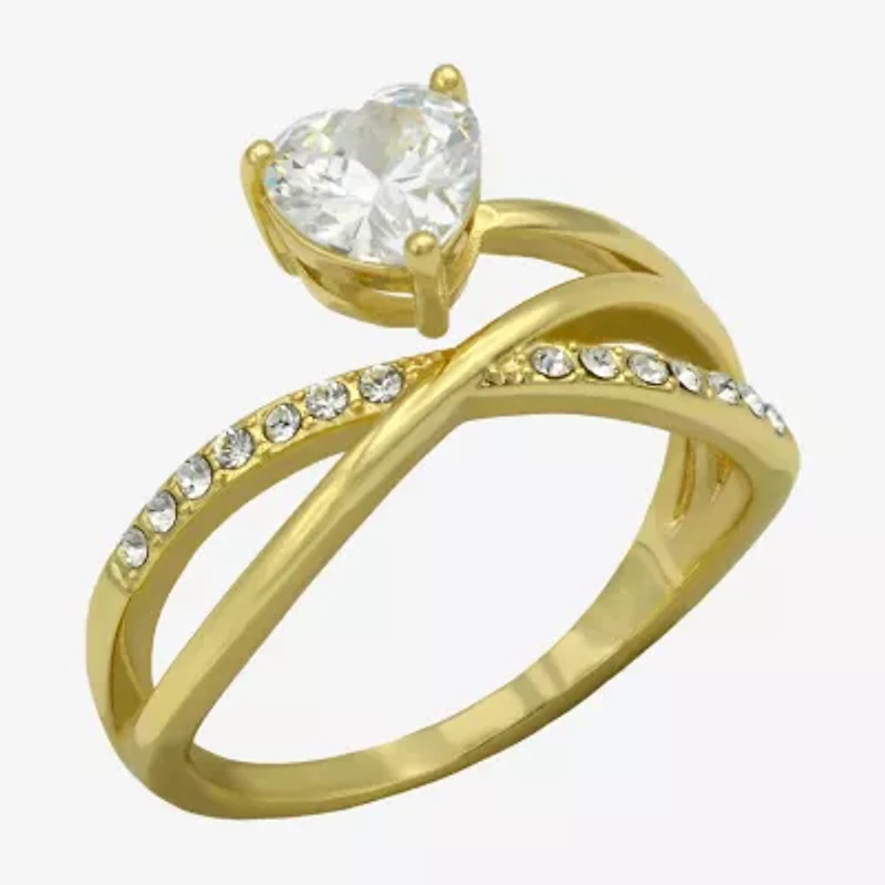 Sparkle Allure Womens 2MM Crystal 14K Gold Over Brass Heart Crossover Band