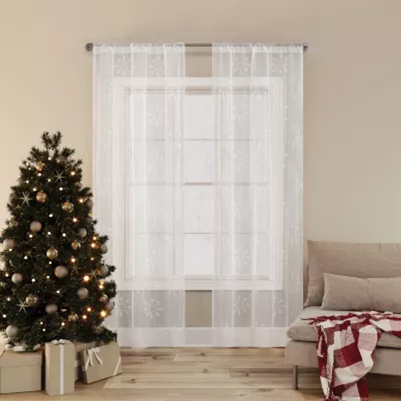 No 918 Holiday Snowflake Rod Pocket Embroidered Sheer Single Curtain Panel