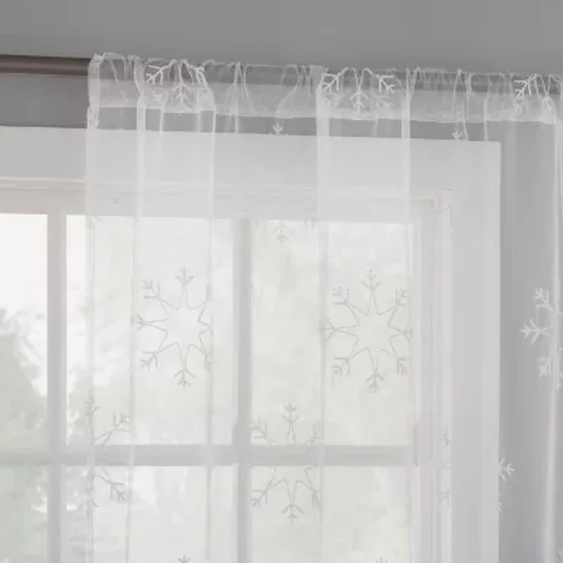 No 918 Holiday Snowflake Rod Pocket Embroidered Sheer Single Curtain Panel