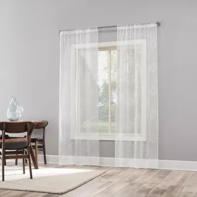 No 918 Holiday Snowflake Rod Pocket Embroidered Sheer Single Curtain Panel