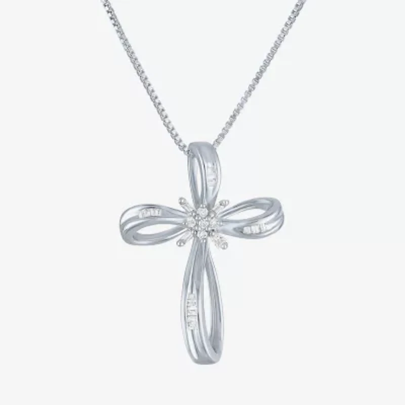 1/10 CT.T.W. Natural Diamond Sterling SIlver Ribbon-Style Cross Pendant Necklace