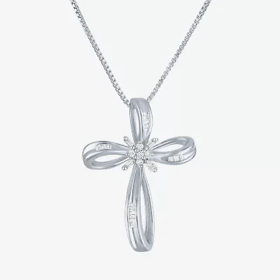 1/10 CT.T.W. Natural Diamond Sterling SIlver Ribbon-Style Cross Pendant Necklace