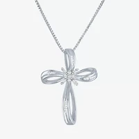 1/10 CT.T.W. Natural Diamond Sterling SIlver Ribbon-Style Cross Pendant Necklace