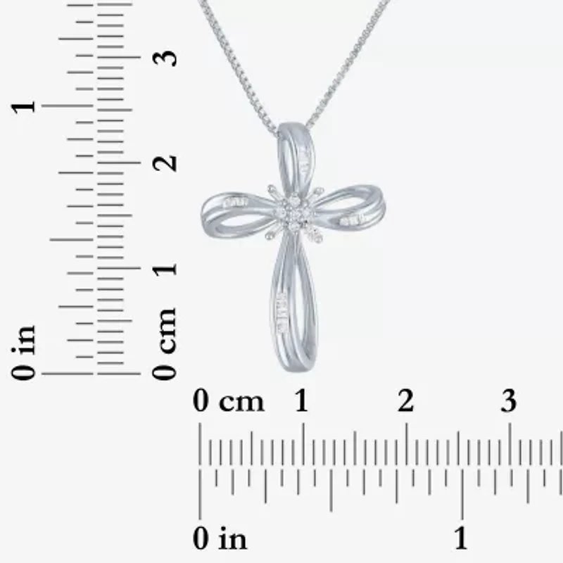 1/10 CT.T.W. Natural Diamond Sterling SIlver Ribbon-Style Cross Pendant Necklace