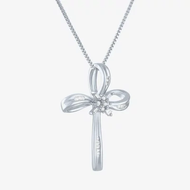 1/10 CT.T.W. Natural Diamond Sterling SIlver Ribbon-Style Cross Pendant Necklace