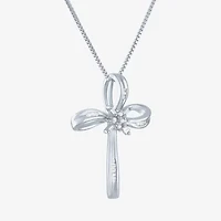 1/10 CT.T.W. Natural Diamond Sterling SIlver Ribbon-Style Cross Pendant Necklace
