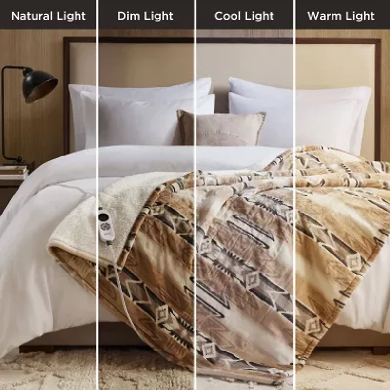 Woolrich Print Plush To Sherpa Heated Throw Automatic Shut Off