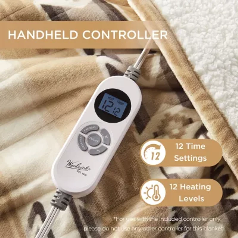 Woolrich Print Plush To Sherpa Heated Throw Automatic Shut Off