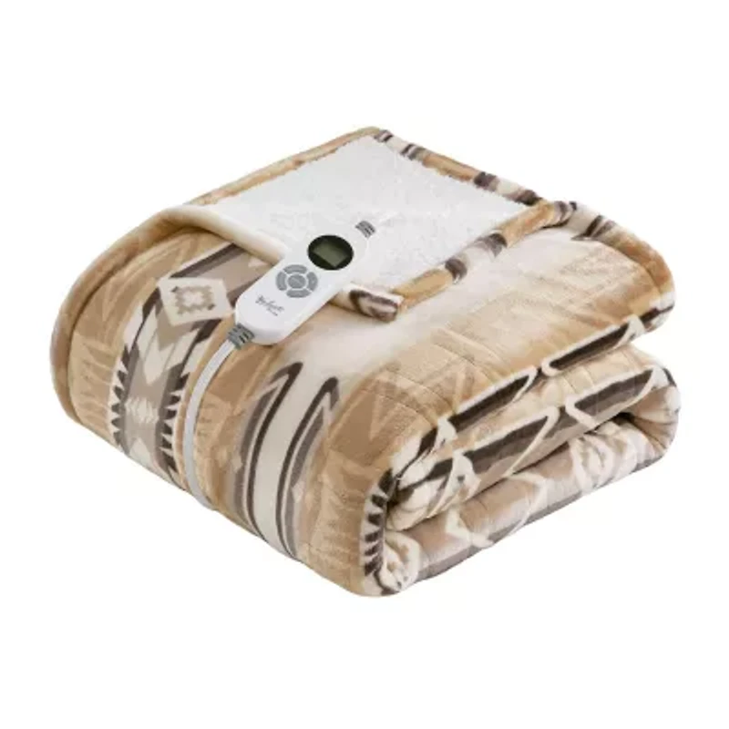 Woolrich Print Plush To Sherpa Heated Throw Automatic Shut Off