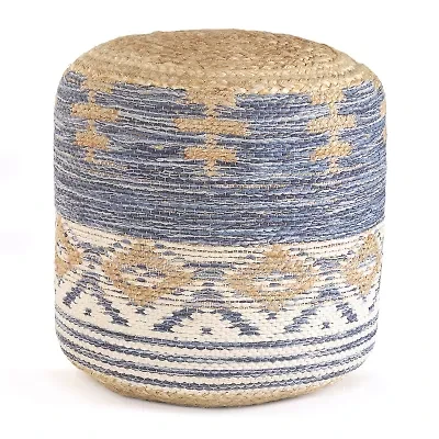 LR Home Elma 18" Handmade Jute Blend Pouf in Natural/Blue/Cream
