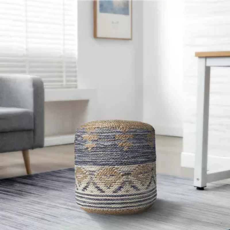 LR Home Elma Handmade Bohemian Jute Blend Medium Pouf Striped Ottoman