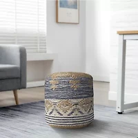 LR Home Elma Handmade Bohemian Jute Blend Medium Pouf Striped Ottoman