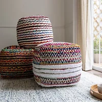 LR Home Sofia Handmade Striped Bohemian Jute Blend Medium Pouf Striped Ottoman