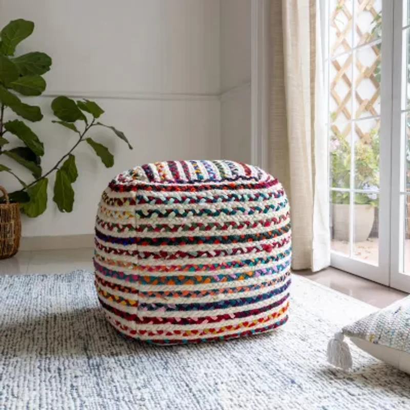 LR Home Sofia Handmade Striped Bohemian Jute Blend Medium Pouf Striped Ottoman