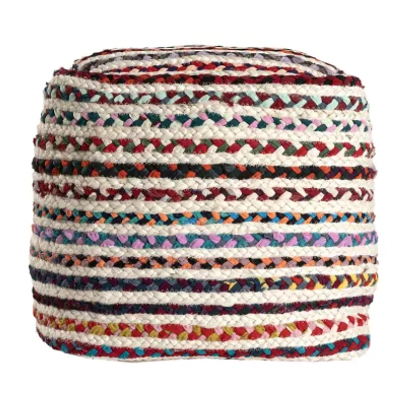 LR Home Sofia Handmade Striped Bohemian Jute Blend Medium Pouf Striped Ottoman