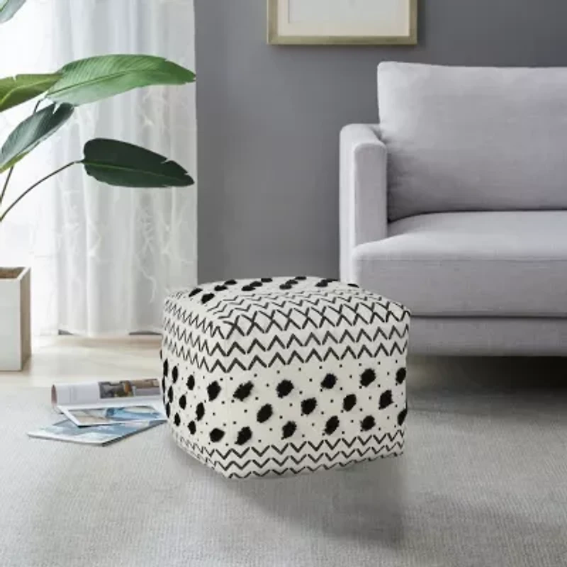 LR Home Verena 14" Handmade Cotton Pouf in Black/White