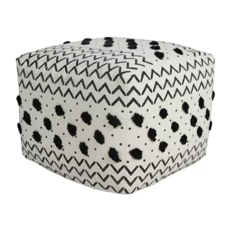 LR Home Verena 14" Handmade Cotton Pouf in Black/White