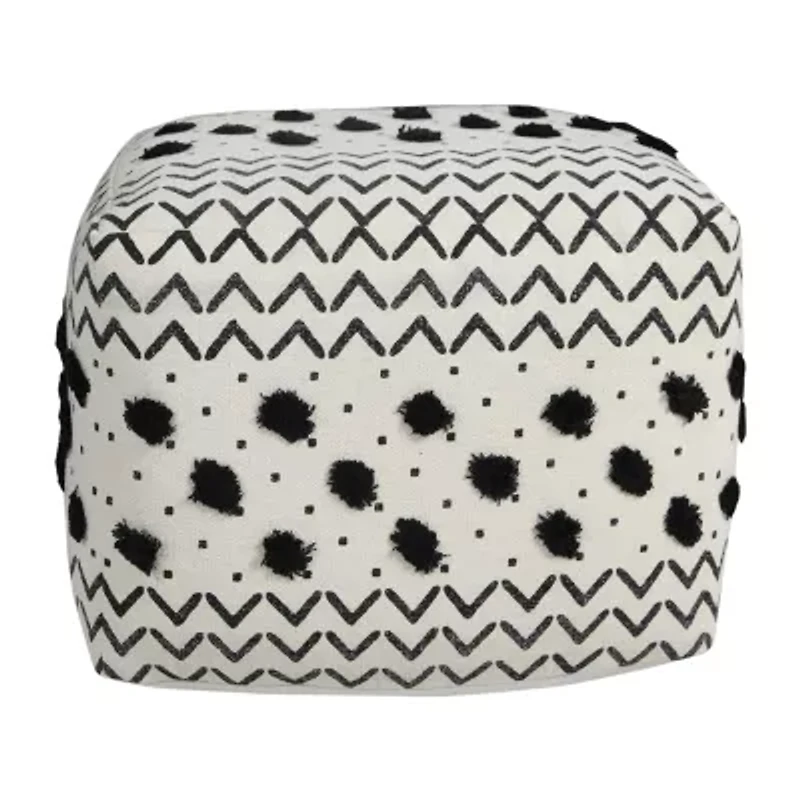 LR Home Verena 14" Handmade Cotton Pouf in Black/White