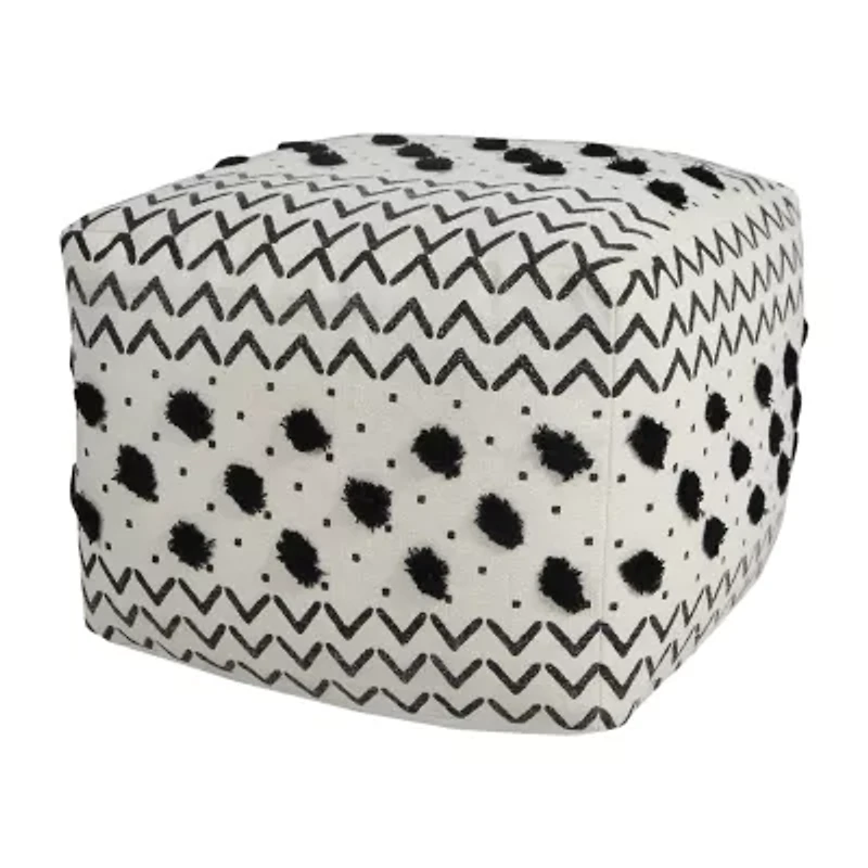 LR Home Verena 14" Handmade Cotton Pouf in Black/White