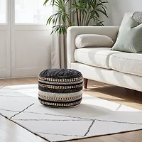 LR Home Briala Handmade Striped Farmhouse Cotton Blend Medium Pouf Striped Ottoman