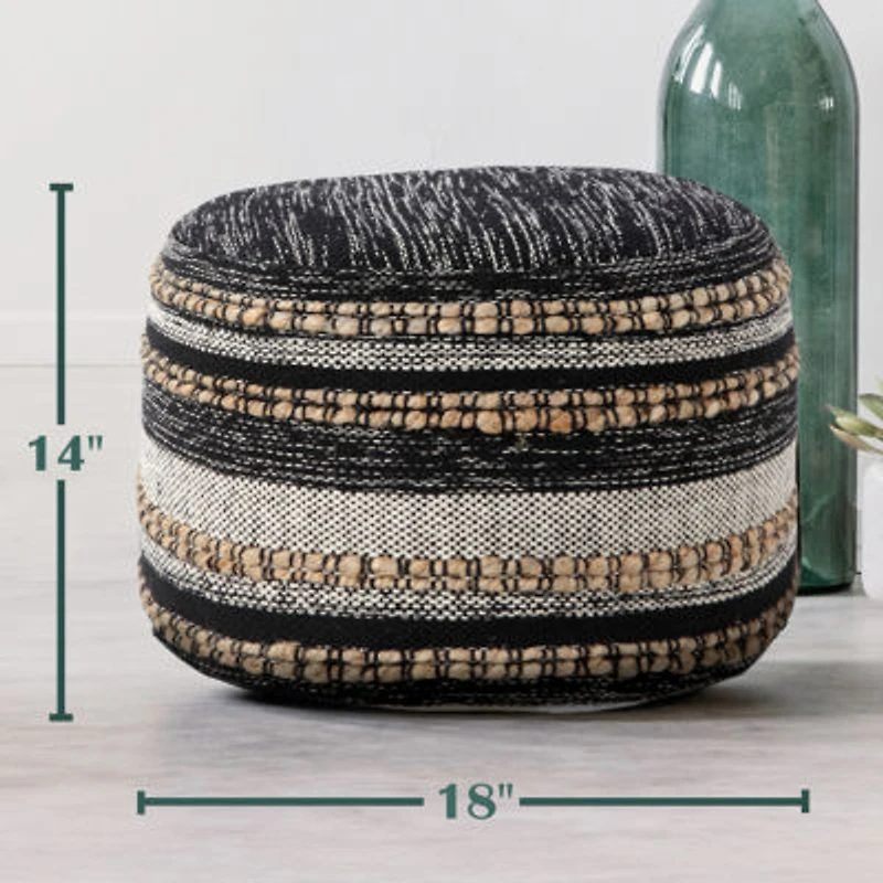 LR Home Briala 14" Handmade Cotton Blend Pouf in Black/White/Natural