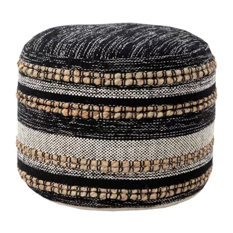 LR Home Briala Handmade Striped Farmhouse Cotton Blend Medium Pouf Striped Ottoman