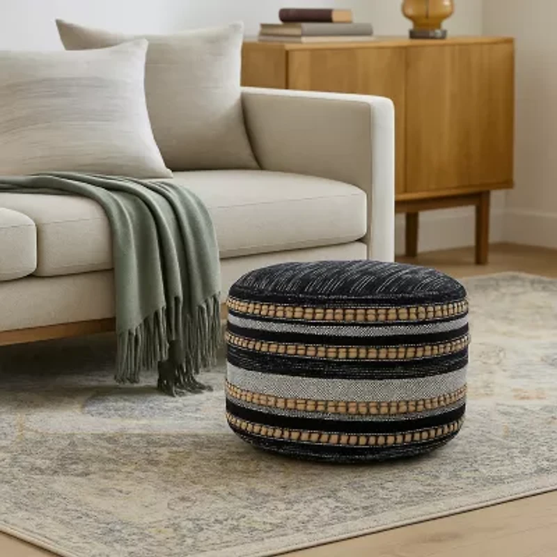 LR Home Briala Handmade Striped Farmhouse Cotton Blend Medium Pouf Striped Ottoman