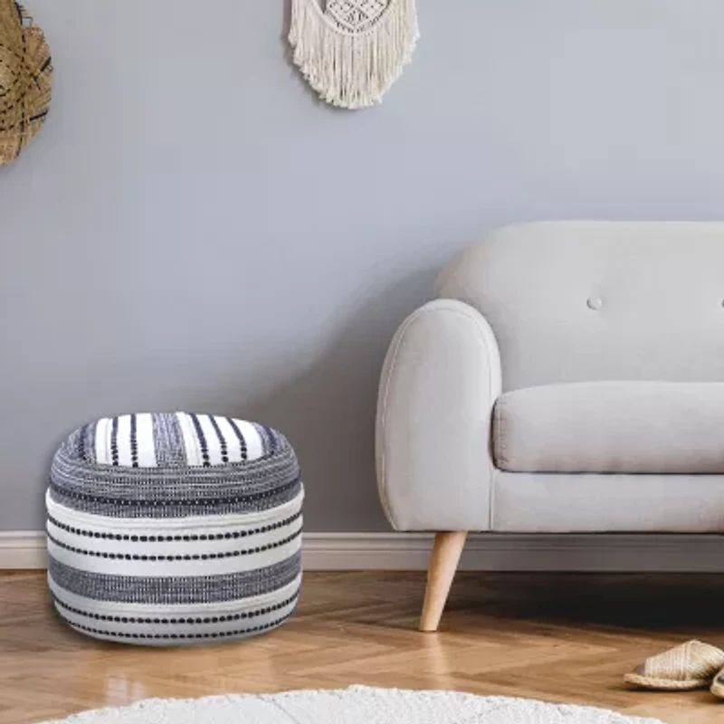 LR Home Fenric Handmade Cotton Medium Pouf Striped Ottoman
