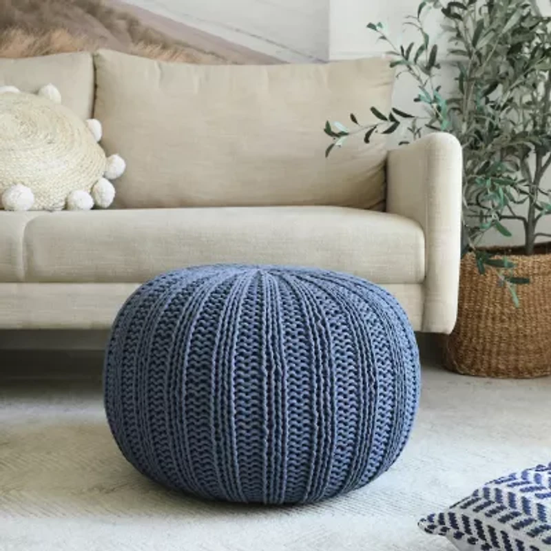 LR Home Montra Handmade Cableknit Contemporary Cotton Medium Pouf Ottoman
