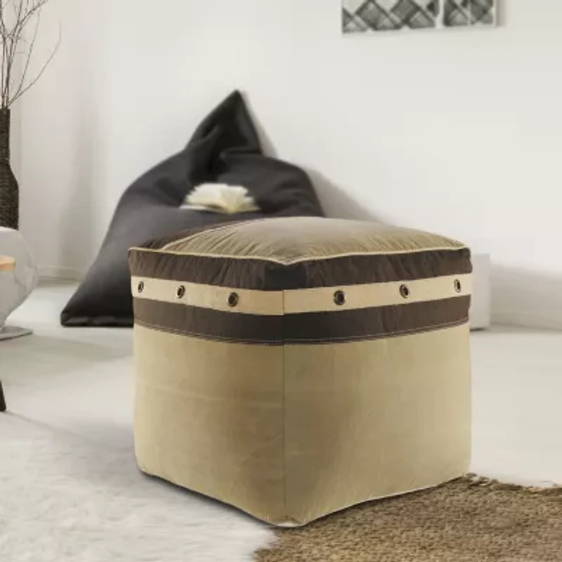 LR Home Holland Handmade Industrial Cotton Large Pouf Striped Ottoman