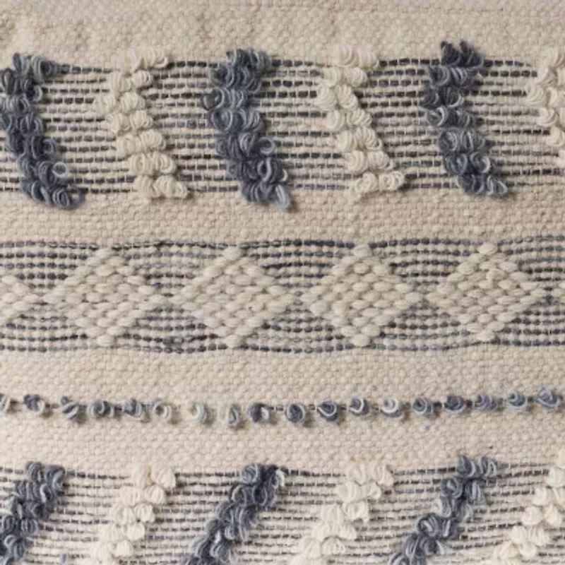 LR Home Seraphina 14" Handmade Wool Blend Pouf in Blue/Cream