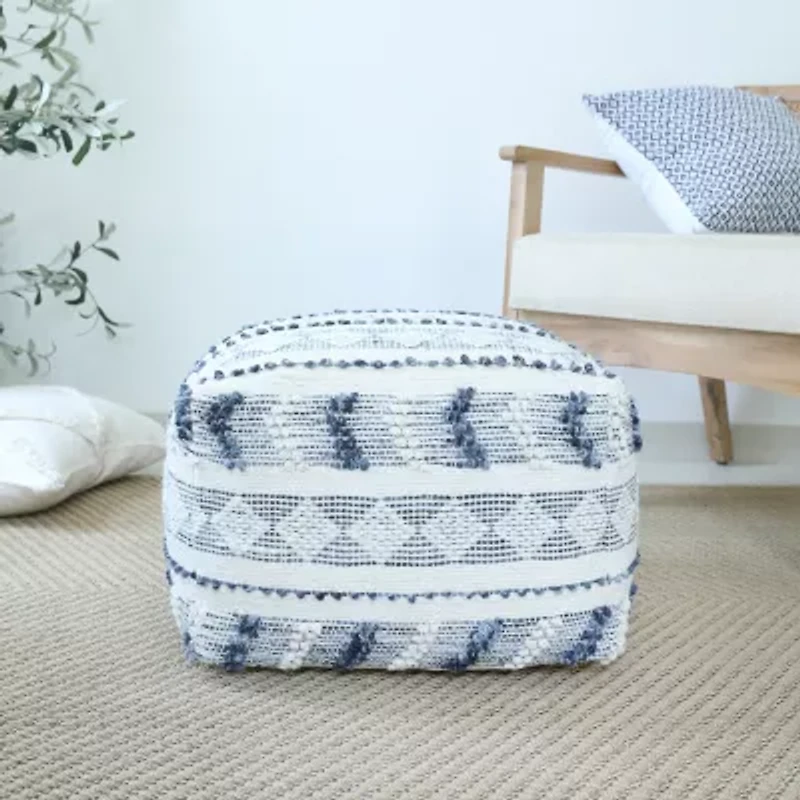 LR Home Seraphina Handmade Striped Transitional Wool Blend Medium Pouf Striped Ottoman