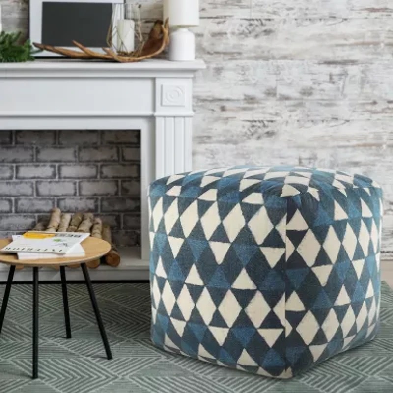 LR Home Carmel 20" Handmade Cotton Pouf in Blue/Cream