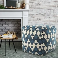 LR Home Carmel 20" Handmade Cotton Pouf in Blue/Cream