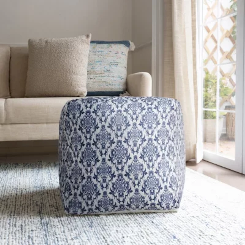LR Home Wolfram 18" Handwoven Cotton Pouf in Blue/White