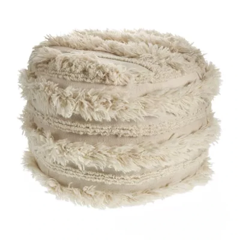 LR Home Liam 14" Handmade Cotton Pouf in Ivory