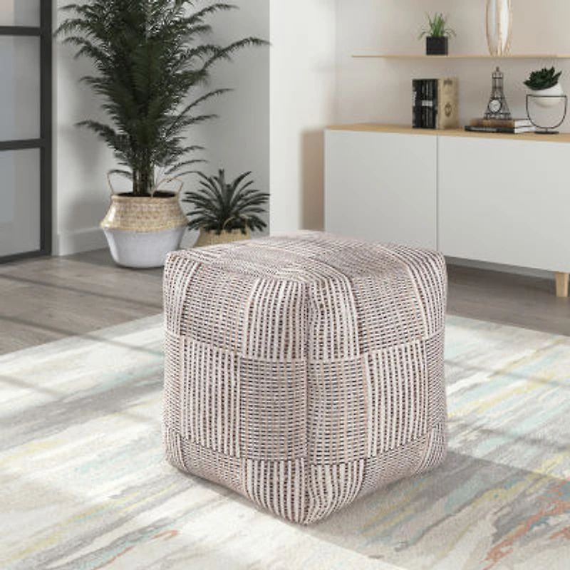 LR Home Emily Handmade Geometric Contemporary Cotton And Jute Medium Pouf Geometric Ottoman