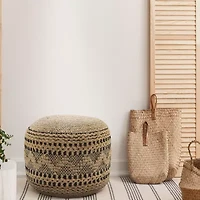 LR Home John Handmade Striped Bohemian Jute Blend Medium Pouf Geometric Ottoman