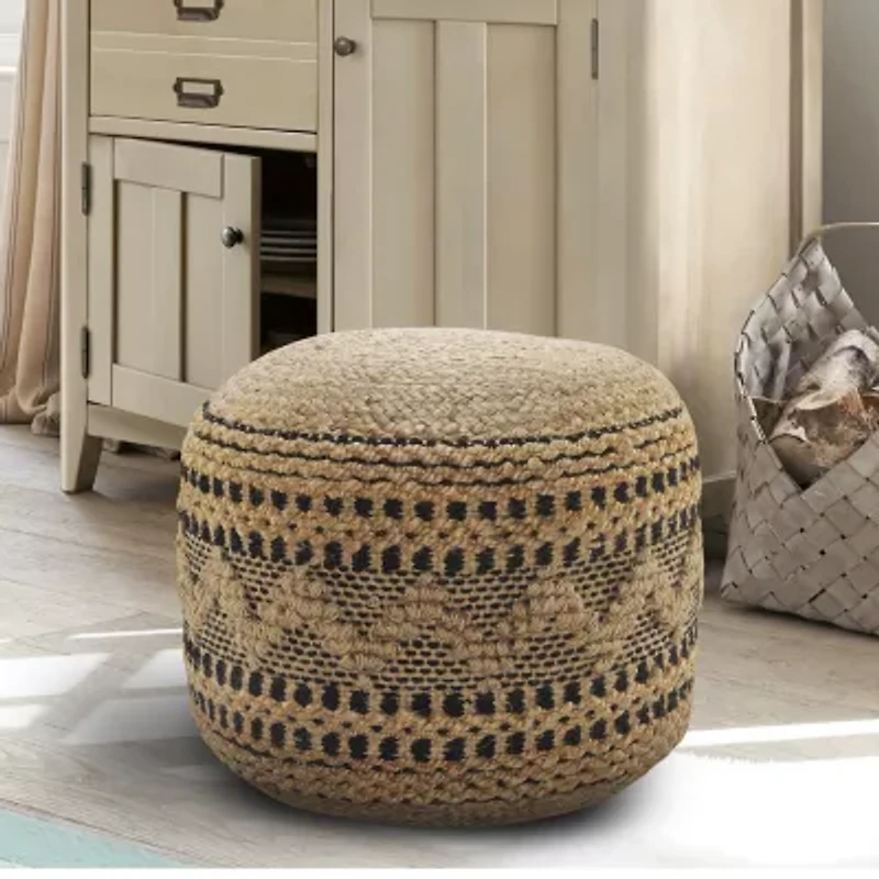 LR Home John Handmade Striped Bohemian Jute Blend Medium Pouf Geometric Ottoman