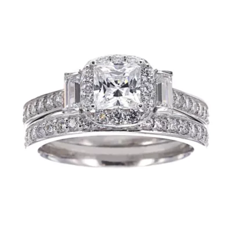 DiamonArt® Cubic Zirconia Sterling Silver 3-Stone Bridal Ring Set