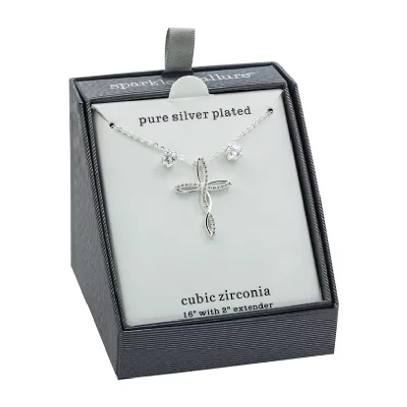 Sparkle Allure Womens 1 1/4 CT. T.W. Crystal Pure Silver Over Brass Cross 2-pc. Jewelry Set